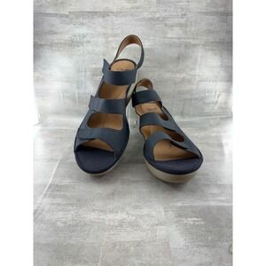 Clarks Arla Glison Navy Blue Wedge Sandals Strappy Comfort Wide Women Sz 12W
